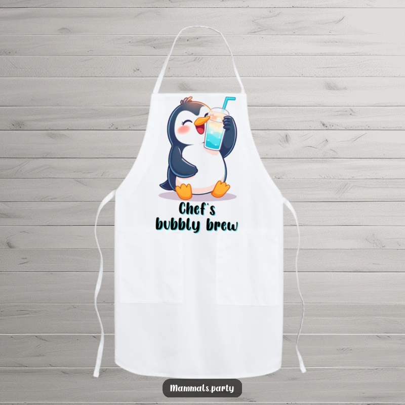 Funny apron featuring a penguin raising a fizzy drink cup, ready to serve up some festive cheer.