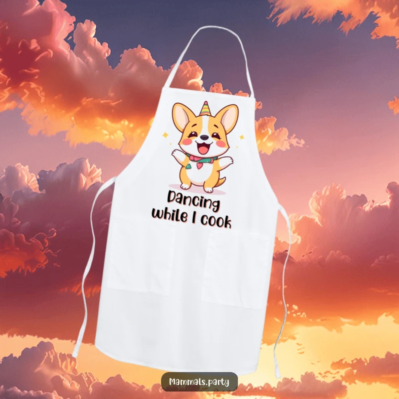 Funny giggling corgi apron, sporting a party collar and dancing, ready for kitchen fun and festive meals.