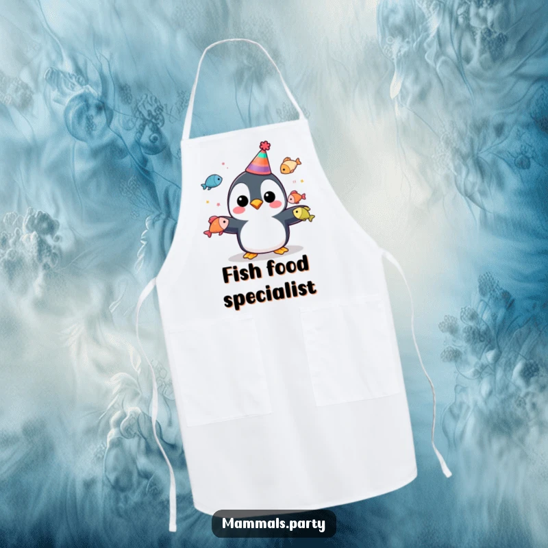 Funny penguin character in a party hat juggling colorful fish on an apron, for a humorous cooking experience.