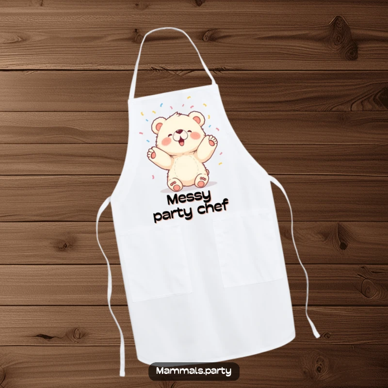 Funny apron with a fluffy bear cub character joyfully tossing confetti, perfect for a festive cook.