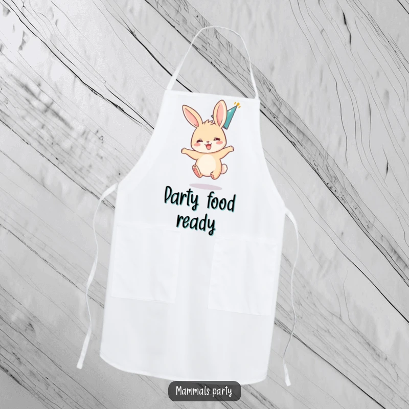 Funny apron with an excited bunny character bouncing with ears back, wearing a party hat, perfect for a festive cook.