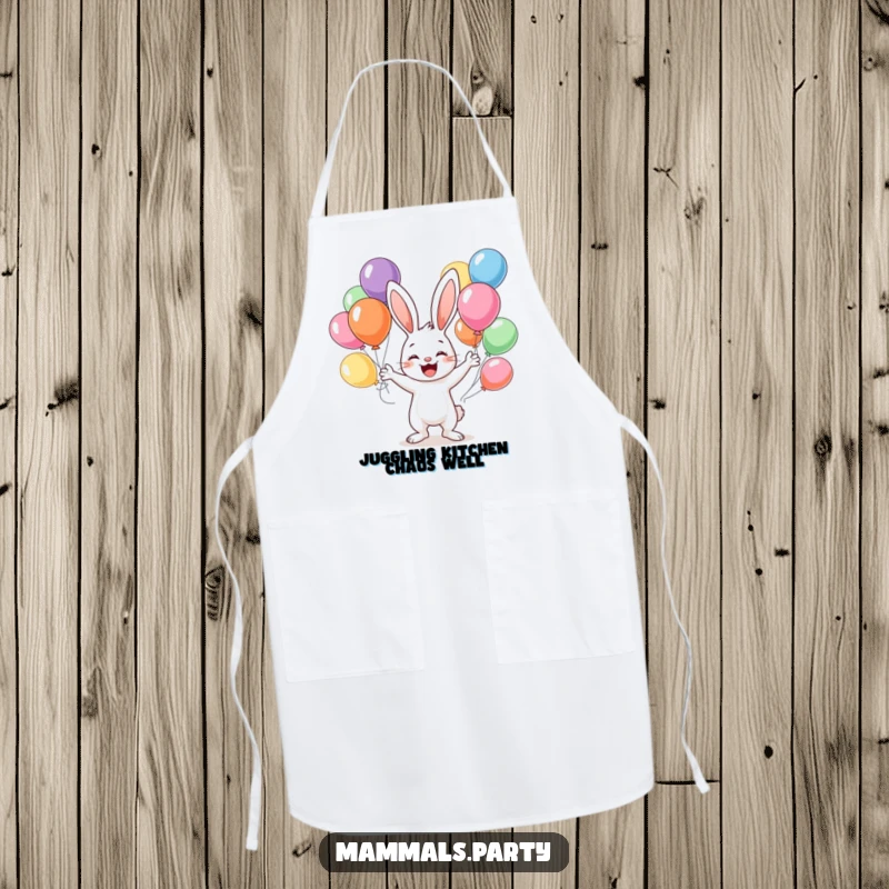 Funny apron featuring a happy bunny character juggling colorful balloons, adding a touch of whimsy and fun to kitchen activities.