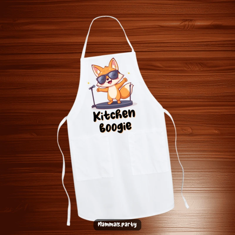 Funny fox character wearing sunglasses, dancing on a miniature stage, featured on a kitchen apron, perfect for a funny gift.