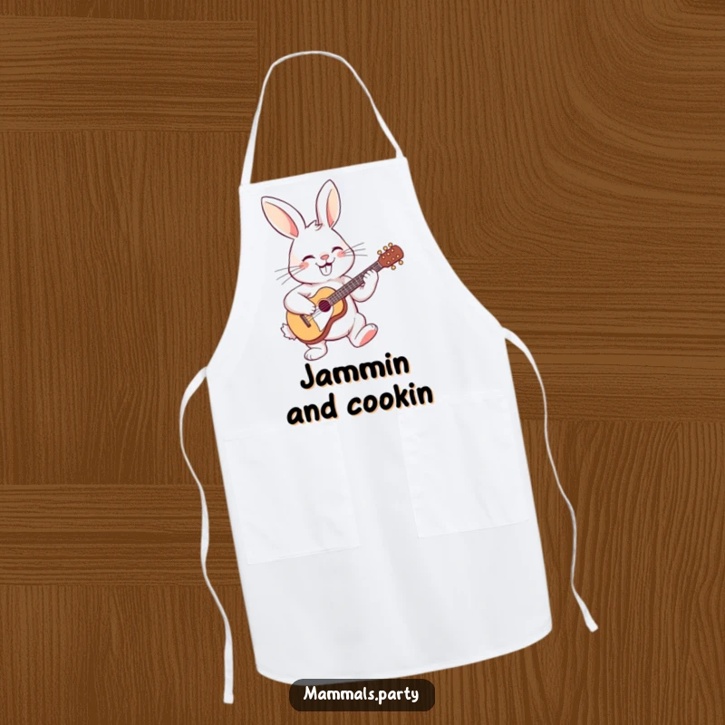 Funny apron featuring a cheerful rabbit playing a small guitar, perfect for a musician who enjoys cooking and bringing music to the kitchen.
