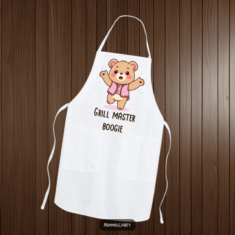 Funny kawaii bear in a sparkly vest dancing with abandon on an apron, perfect for humorous kitchen celebrations.