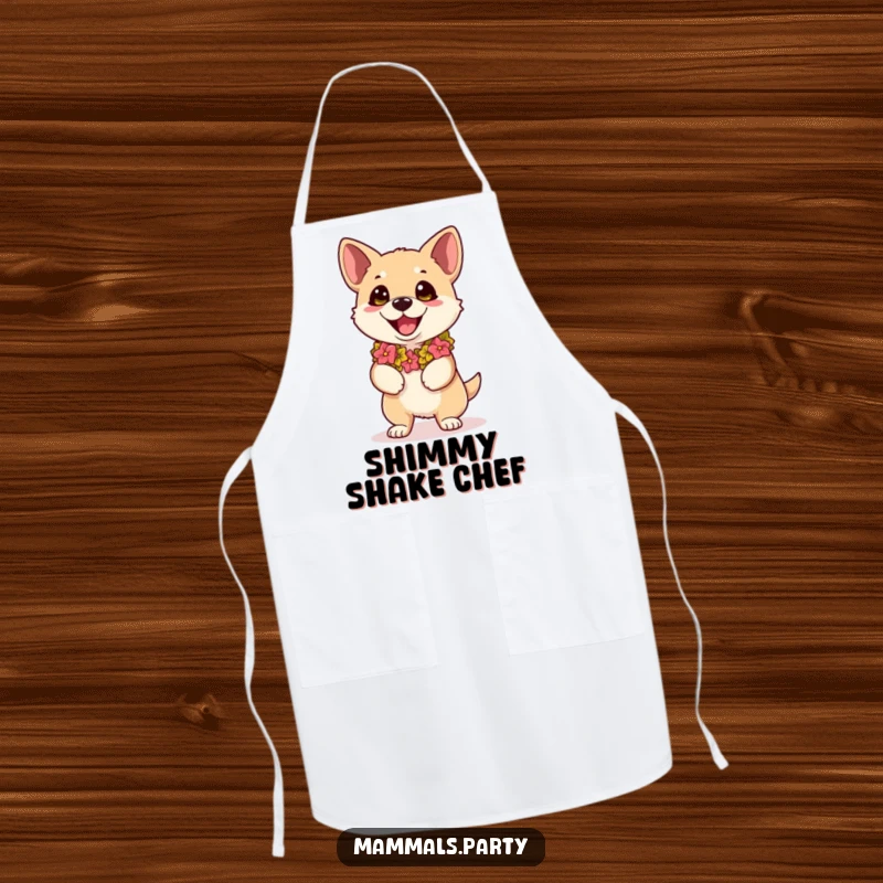 Funny kawaii dog wearing a lei, eyes wide with dance excitement, on an apron for humorous hosting.
