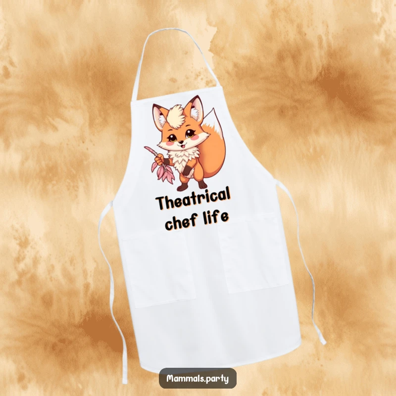 Funny kawaii fox wearing a feather boa striking a dramatic pose on an apron, perfect for humorous kitchen performances.