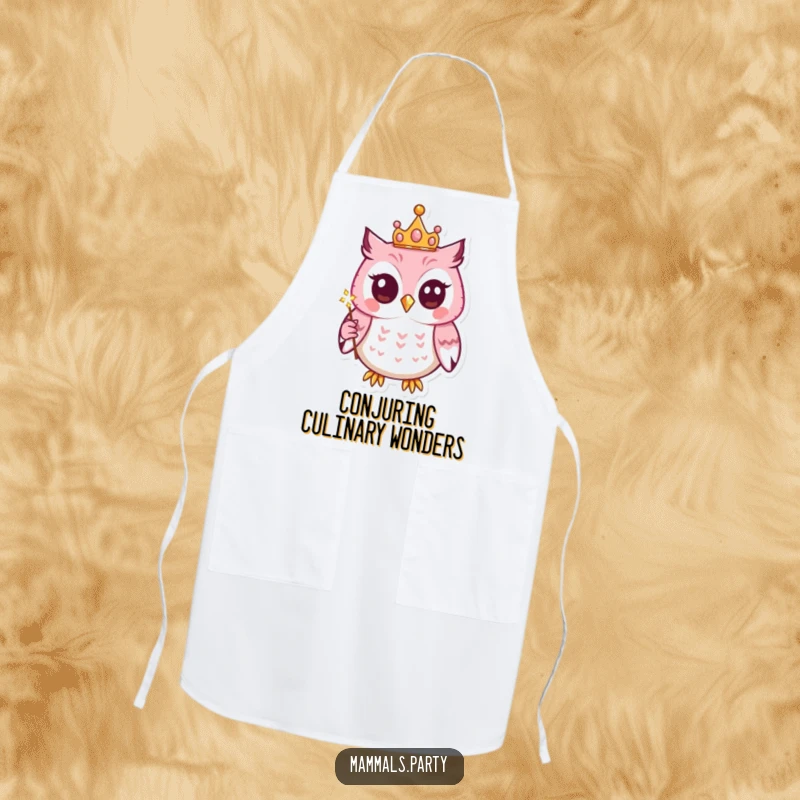 Funny apron featuring a kawaii owl wearing a tiny crown and holding a sparkling wand, perfect for adding whimsical flair to cooking.