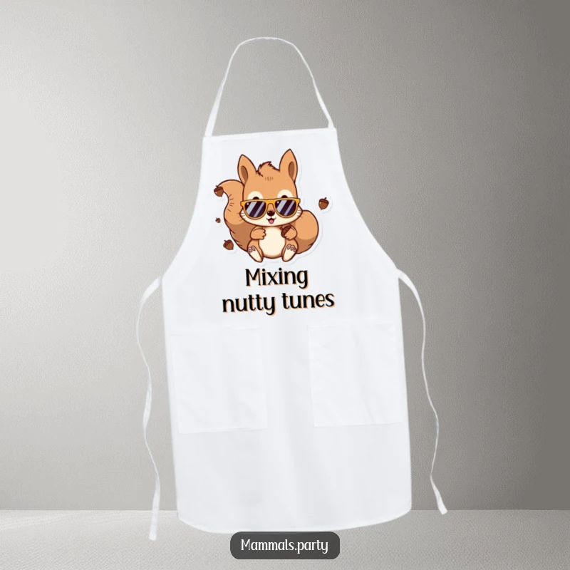 Funny Kawaii Squirrel DJ Apron showing a squirrel in sunglasses, ready to mix beats while cooking. A humorous and practical gift.