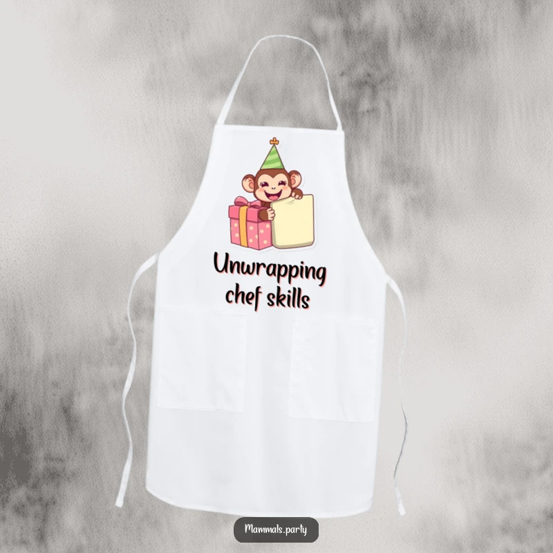Funny Monkey Apron featuring a happy monkey wearing a party hat, eagerly unwrapping a giant present, making cooking a celebration.