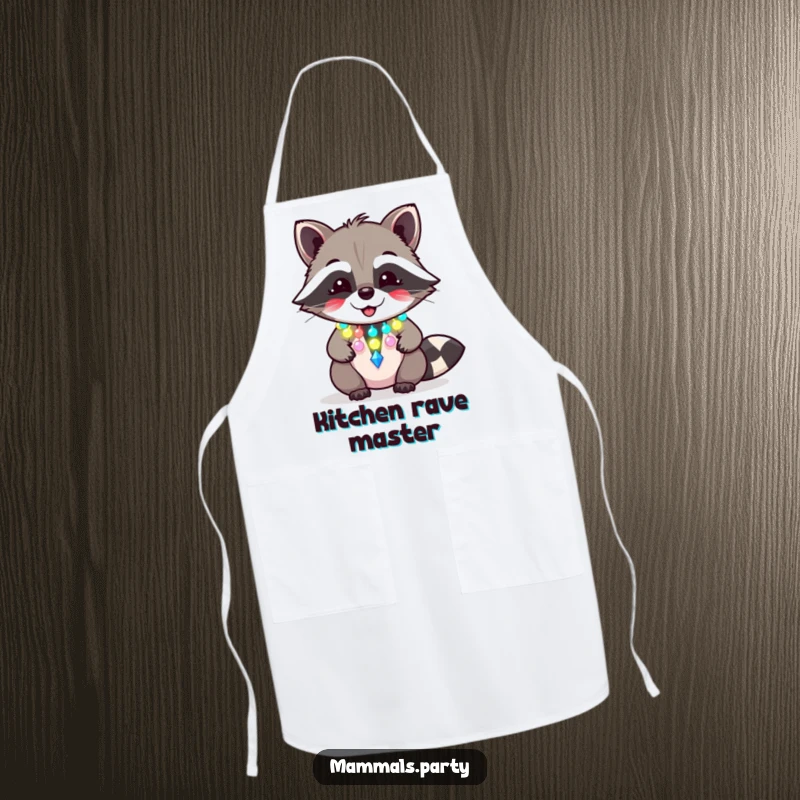 Funny raccoon apron showing a giggling character with a flashing party necklace, ideal for festive and humorous cooking.