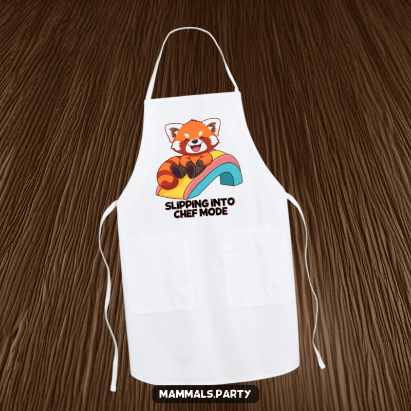 Funny apron showing a red panda sliding down a rainbow, perfect for kitchen fun and keeping clothes clean.