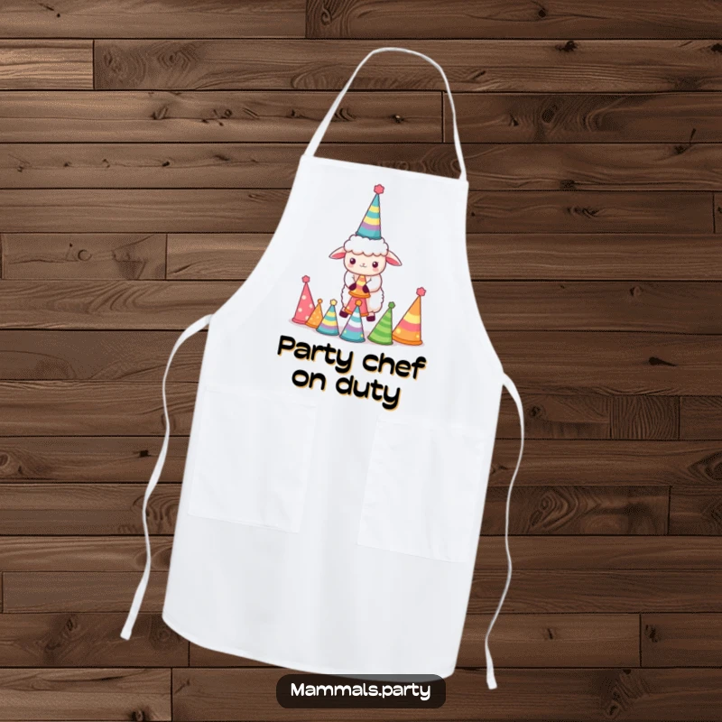 Funny Sheep Apron: Adorable kawaii sheep hilariously balancing party hats, a humorous and practical kitchen accessory.