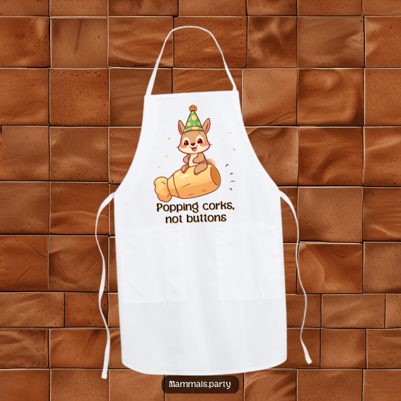 Funny gleeful squirrel apron, wearing a festive hat and riding a champagne cork, ready for festive culinary creations.
