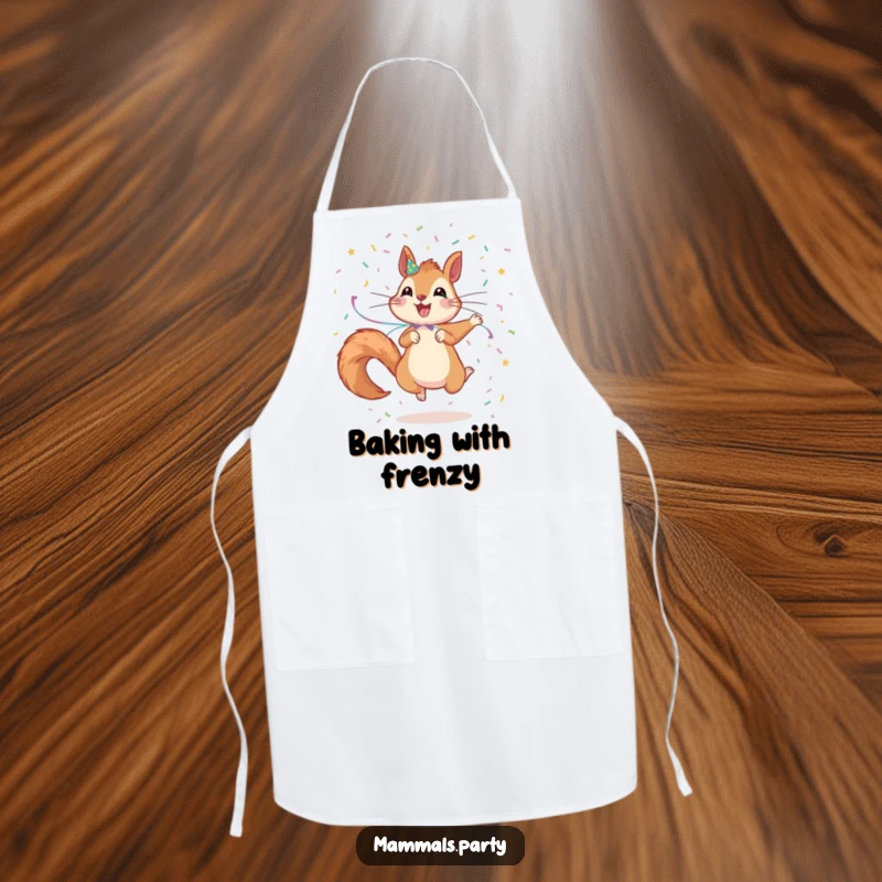 Funny Squirrel Apron: An excited squirrel with streamers jumps and scatters confetti, perfect for adding fun to kitchen duties.