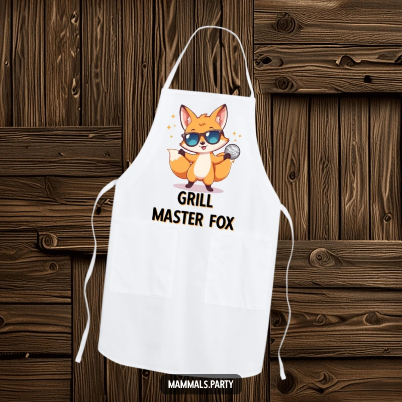 Funny apron featuring a dancing fox in sunglasses with a disco ball, ideal for a chef who likes to have fun while cooking.