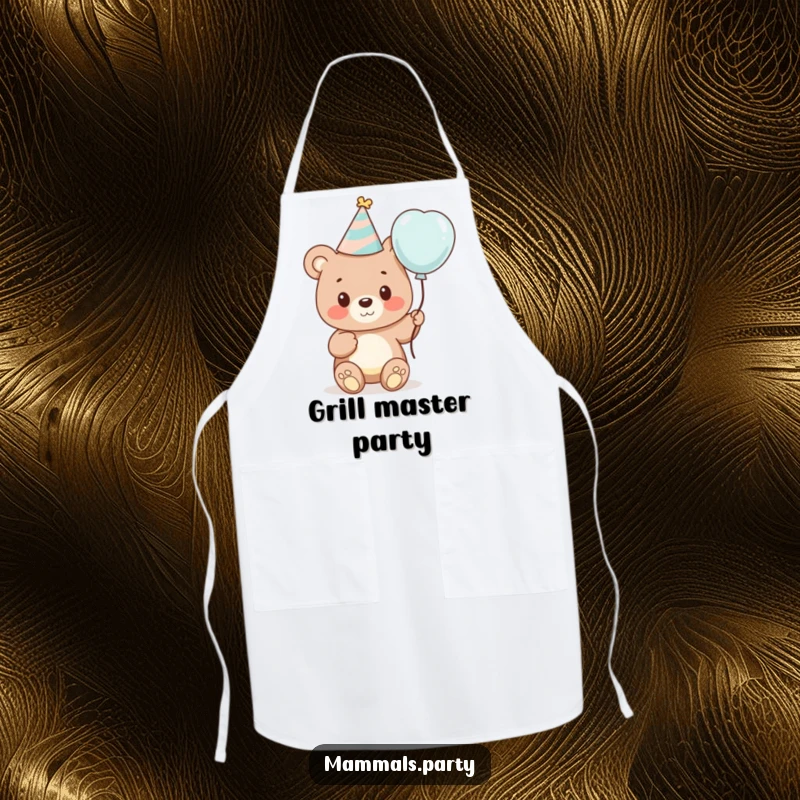 Funny apron showing a cute bear cub in a party hat, holding a balloon, designed for kitchen enthusiasts who love festive themes.