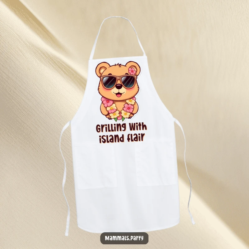 Funny apron displaying a curious bear character in oversized sunglasses and a lei, ideal for adding humor to kitchen or BBQ tasks.