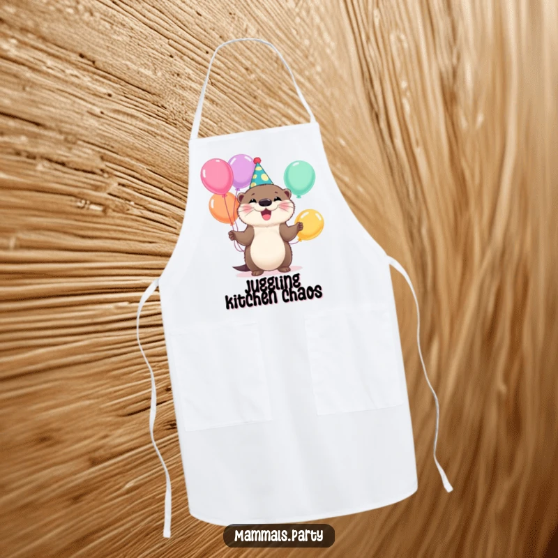 Funny Otter Apron: A cheerful otter in a party hat juggles balloons while ready to cook or bake, adding humor to the kitchen.