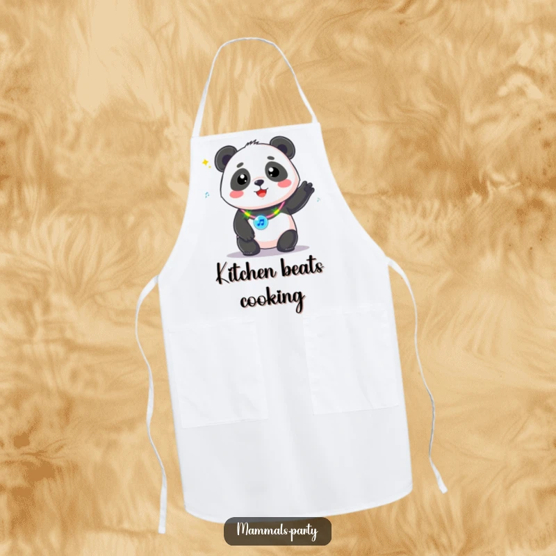 Funny Kawaii Panda with a flashing necklace, bopping to music, a fun apron for kitchen activities with a musical flair.