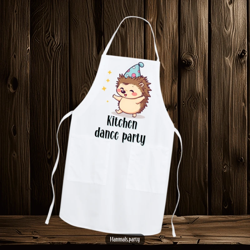 Funny Kawaii Hedgehog in a silly hat, doing a clumsy dance, a fun apron for kitchen activities with a touch of humor.