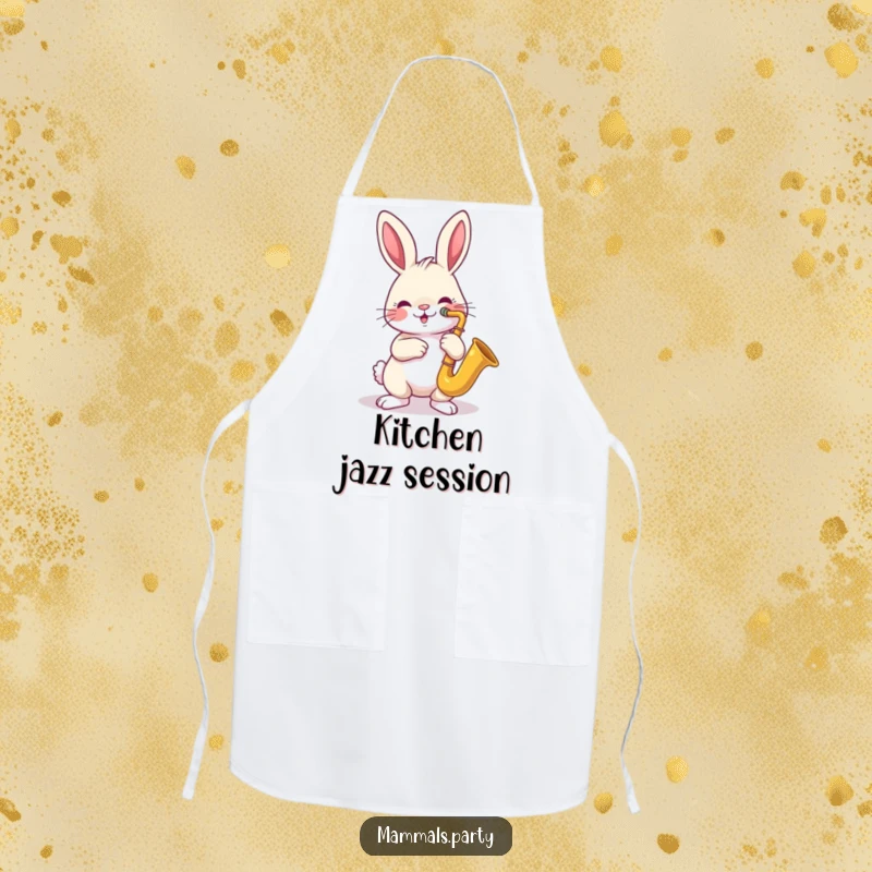 Funny apron showing a cheerful rabbit playing a tiny saxophone, ready to add some rhythm to your cooking.