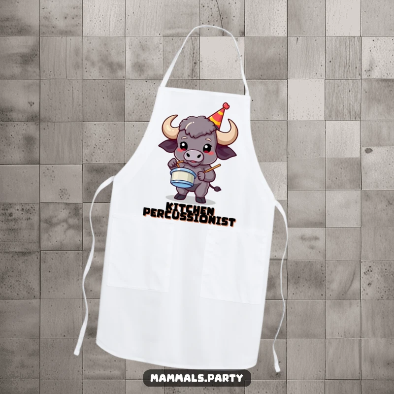 Funny buffalo wearing a party hat, playing air drums while cooking, featured on a humorous kitchen apron.