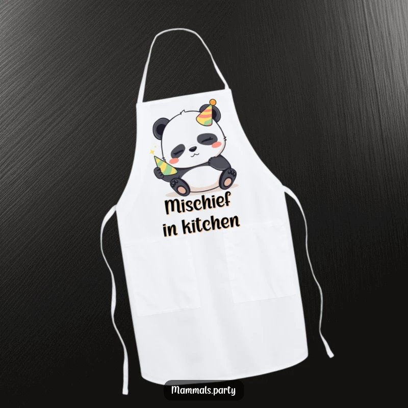 Funny Panda Apron: A sleepy panda holds a tiny party horn with a mischievous glint, adding playful charm to kitchen duties.