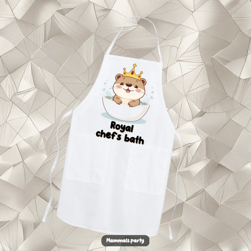Funny Kawaii Otter in a crown, joyfully splashing in a bubbly bath, a fun apron for the kitchen or bath enthusiast.