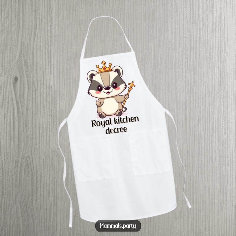 Funny apron showing a cute badger character in a tiny crown and holding a scepter, ready to command the kitchen.