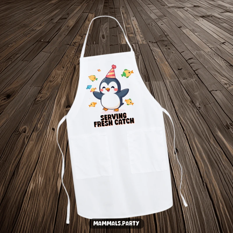 Funny apron with a cheerful penguin juggling fish and wearing a party hat, perfect for festive kitchen tasks.