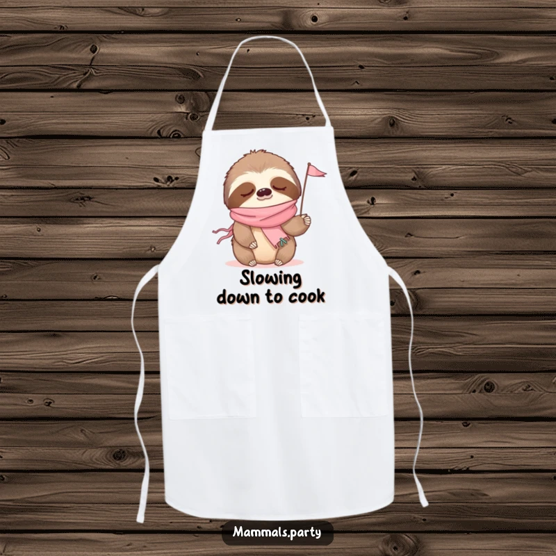 Funny apron showing a sleepy sloth in a party streamer scarf, waving a small flag, ideal for kitchen fun.