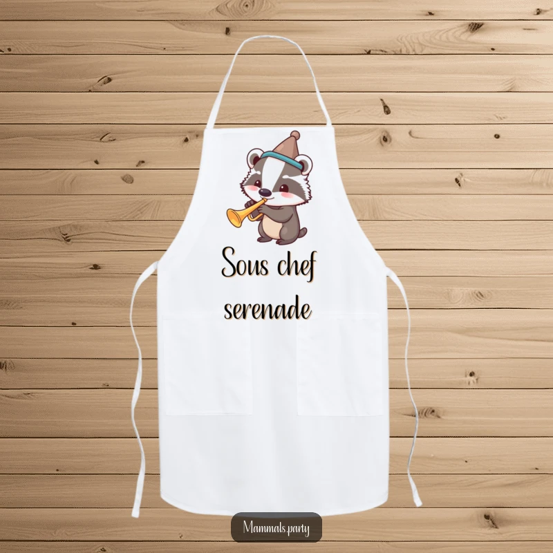 Funny apron featuring a badger in a silly hat, playing a trumpet, ready to conduct a culinary masterpiece.