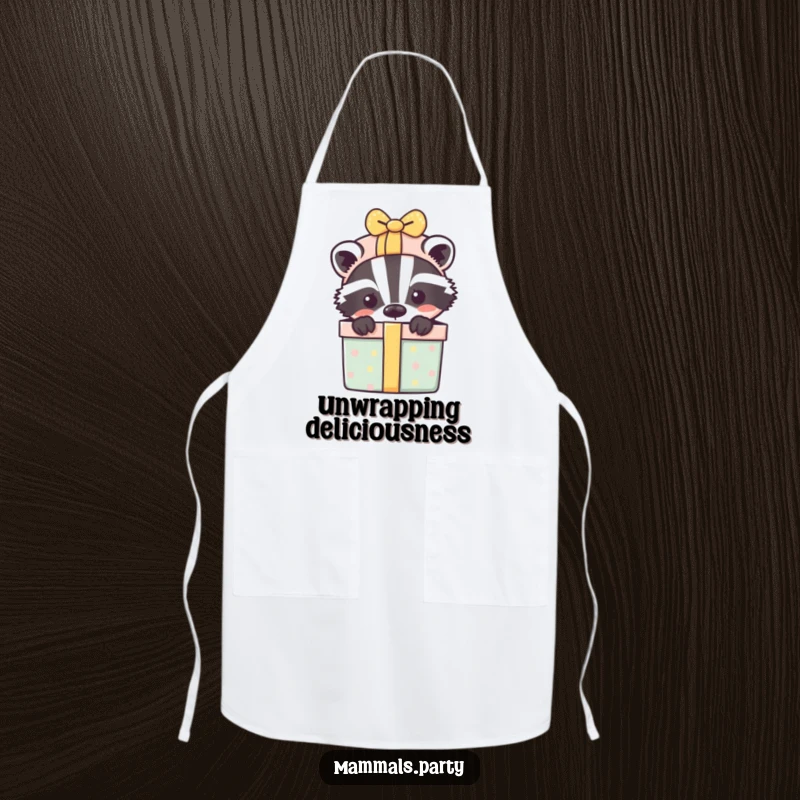 Funny apron showing a playful badger peeking from behind a gift box, ideal for kitchen fun.