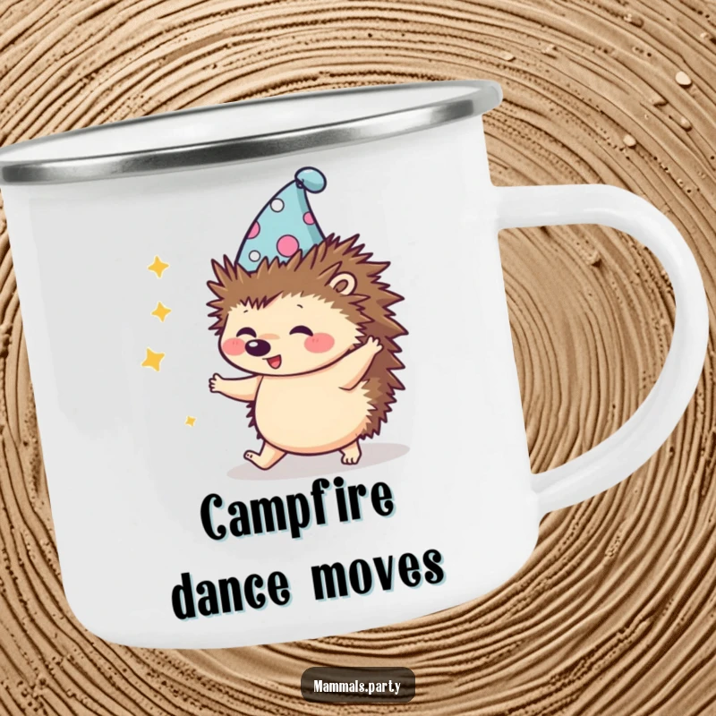 Funny Kawaii Hedgehog in a silly hat, doing a clumsy dance, a camping mug for outdoor adventures and cheerful moments.