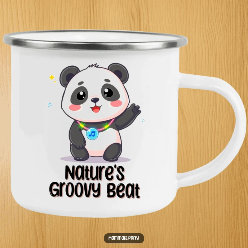 Funny Kawaii Panda with a flashing necklace, bopping to music, a camping mug for outdoor adventures and enjoying tunes.