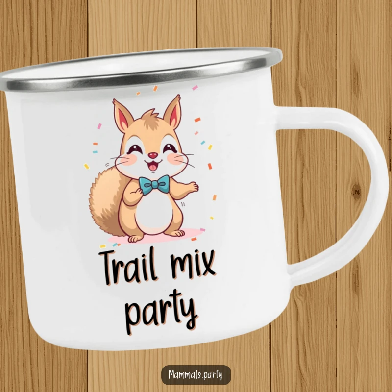 Funny Kawaii Squirrel wearing a bow tie, tossing confetti, a durable camping mug perfect for outdoor adventures and celebrations.