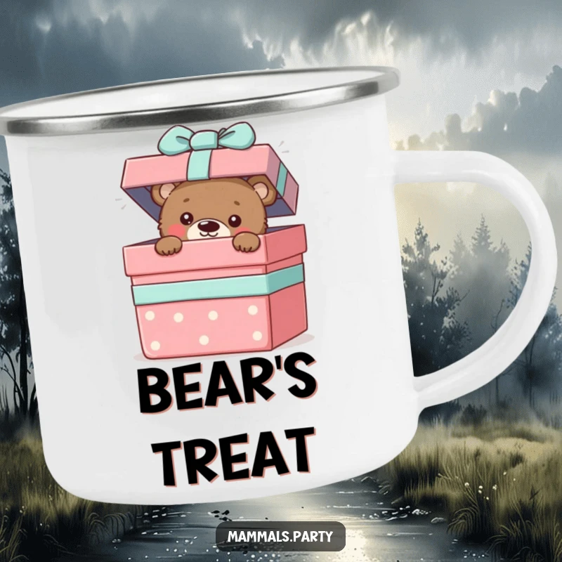 Funny camping mug showing a bear cub peeking from a gift box, perfect for outdoor exploration and fun.