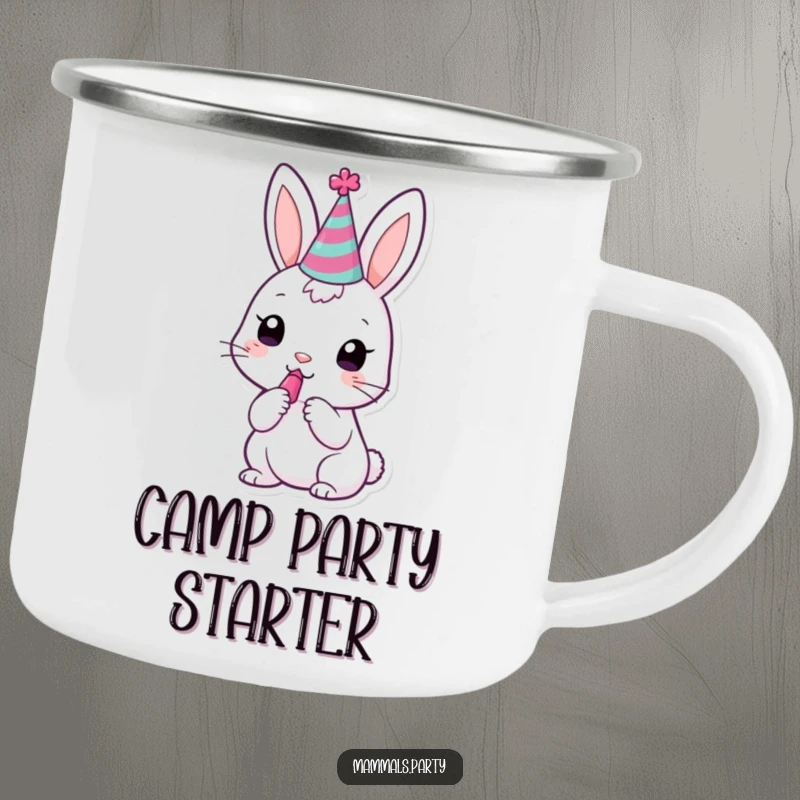 Funny kawaii bunny wearing a party hat, attempting to blow a noisemaker, on a rugged camping mug.