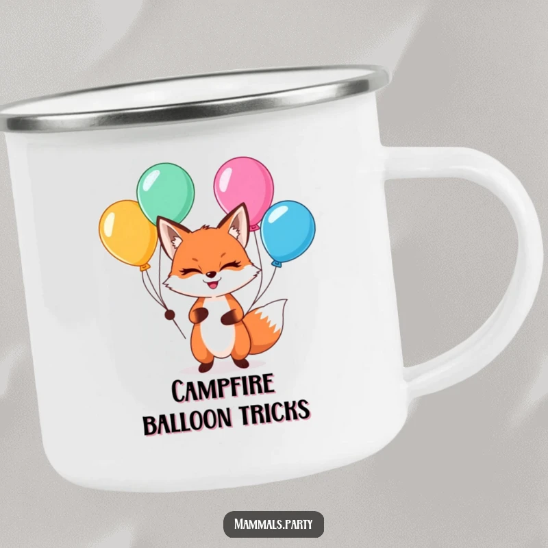 Funny kawaii fox with a sly grin, juggling balloons, on a rugged camping mug.