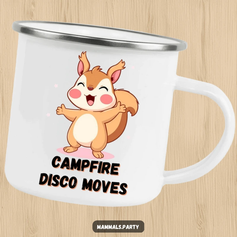 Funny Squirrel Camping Mug: A happy squirrel dances under disco lights, embodying a spirit of fun and outdoor revelry.