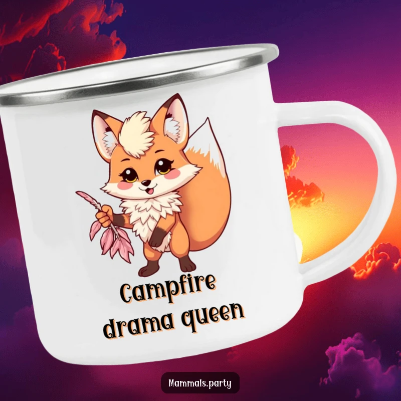 Funny kawaii fox wearing a feather boa striking a dramatic pose on a durable camping mug for humorous outdoor enjoyment.