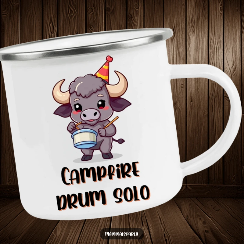 Funny buffalo in a party hat playing air drums during camping, featured on a durable, humorous mug.