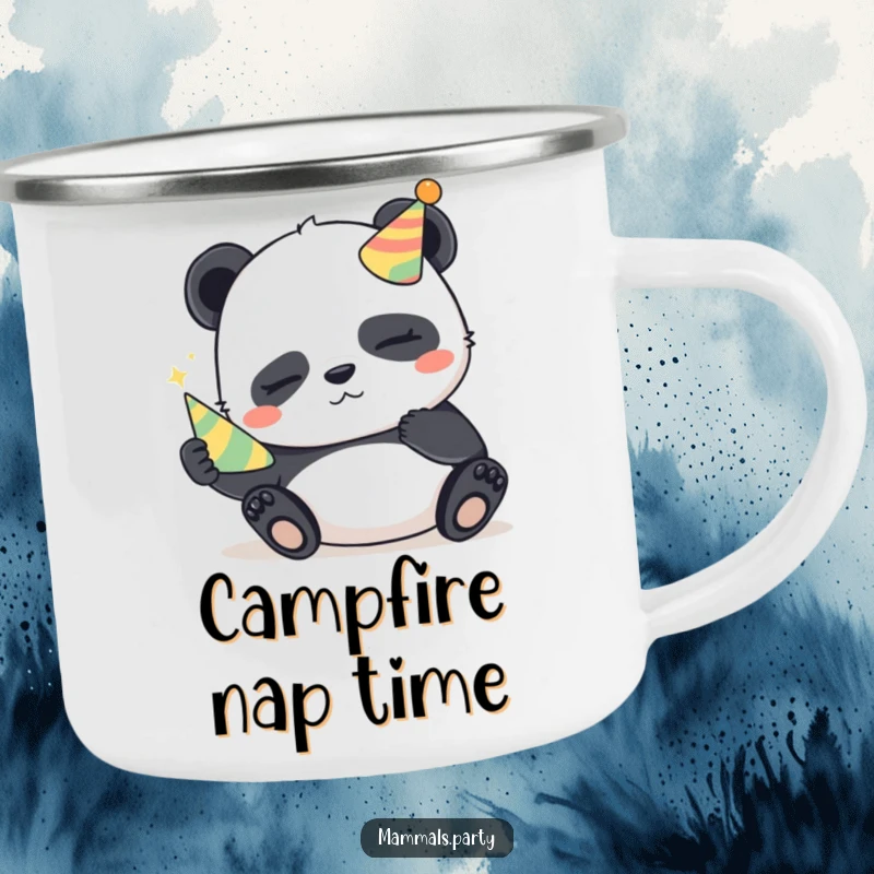 Funny Panda Camping Mug: A mischievous sleepy panda holds a tiny party horn, perfect for outdoor drinks.
