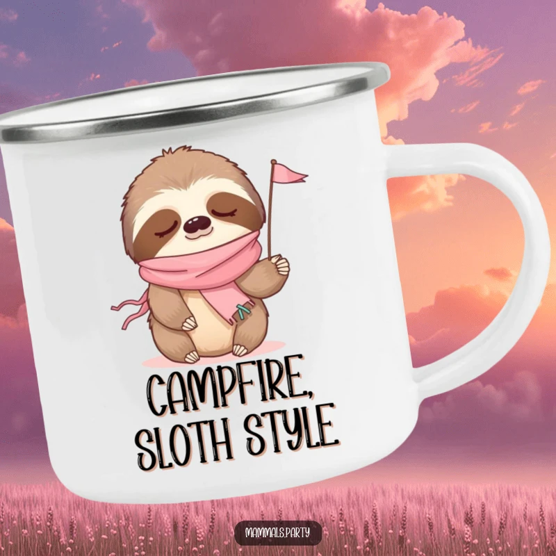 Funny camping mug featuring a sleepy sloth in a party streamer scarf, waving a tiny flag, for relaxed outdoor enjoyment.