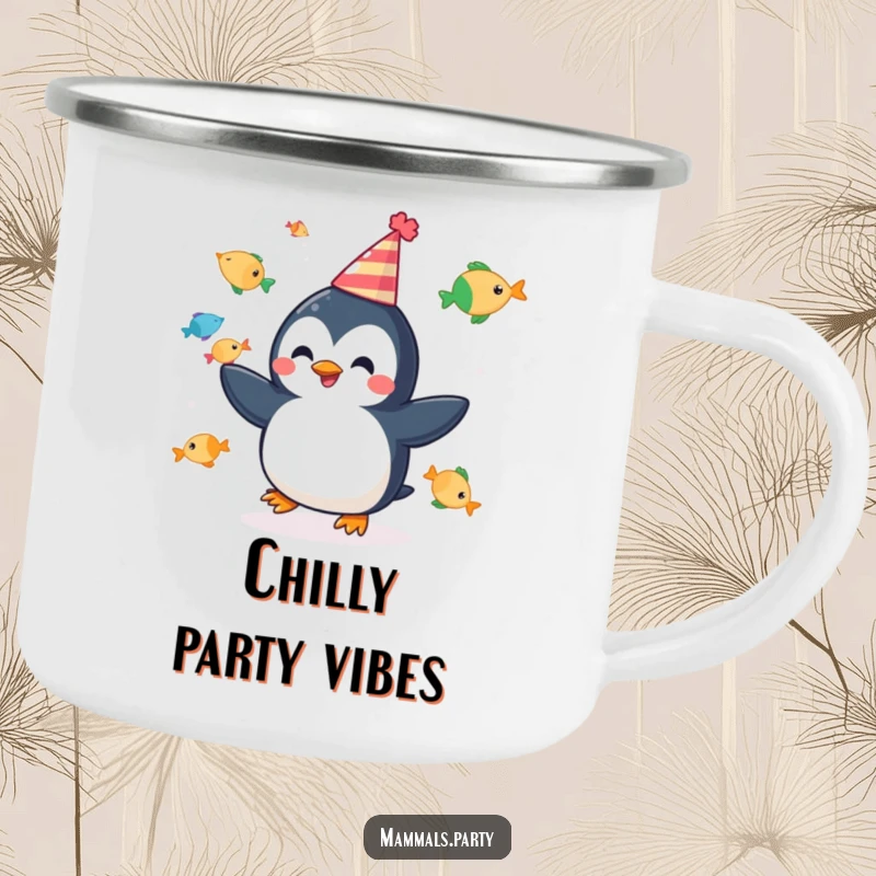 Funny camping mug with a cheerful penguin juggling fish, wearing a party hat, perfect for outdoor fun and funny gifts.
