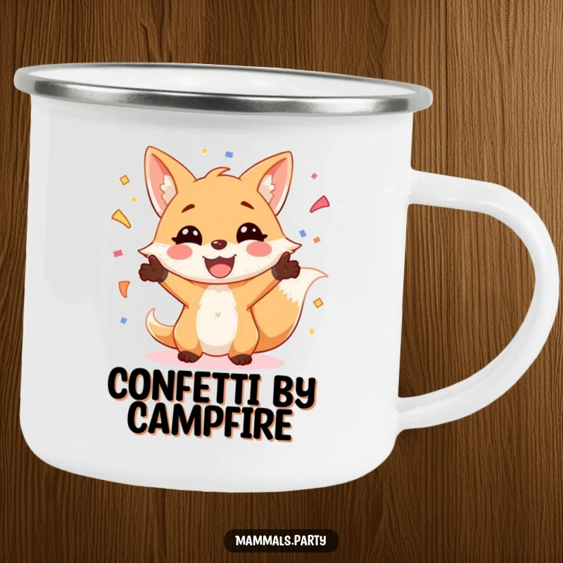 Funny Fox Camping Mug: A cheerful fox juggles confetti, embodying a spirit of fun and celebration, perfect for outdoor enthusiasts.
