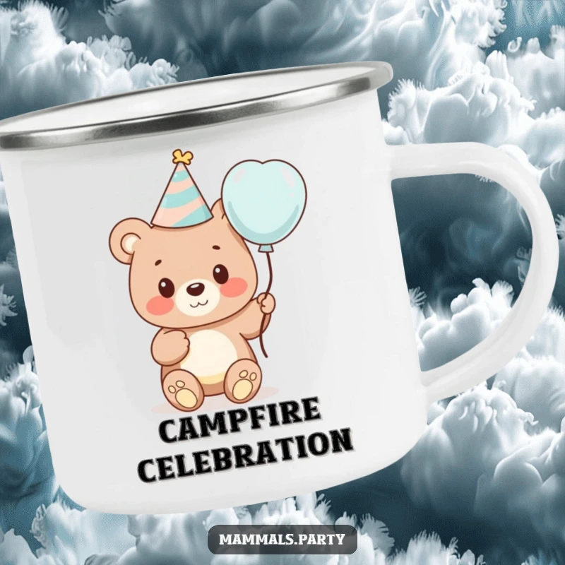 Funny camping mug showing a cute bear cub in a party hat, holding a balloon, ready for outdoor celebrations.