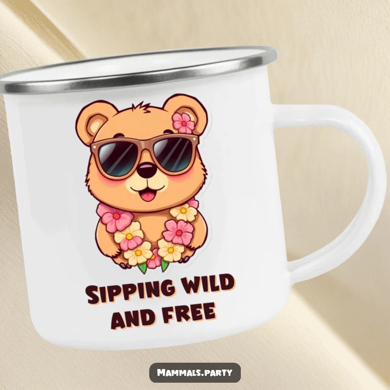 Funny camping mug featuring a curious bear character in oversized sunglasses and a lei, perfect for outdoor excursions and a humorous vibe.