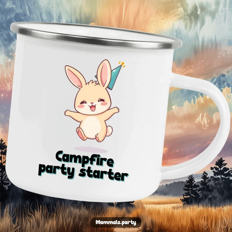 Funny camping mug showing an excited bunny bouncing with ears flopped back, wearing a party hat, perfect for outdoor celebrations.